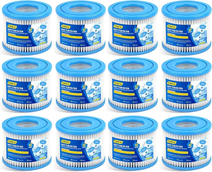 Type VI Hot Tub Filter Cartridges (12Pack) | Spa Filters Replacements for Hot Tub Compatible with Lay-Z-Spa & Coleman SaluSpa 90352E 58323 90427E | Reusable & Superior Filtration Performance