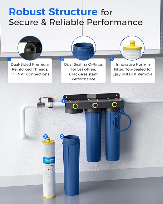 Waterdrop WHF3E-SKH 3-Stage Whole House Water Filter System,with Heavy Metal and Anti-Scale Sediment Filter, Highly Reduce Scale,Lead, Chlorine,Taste,5 Micron,1" Inlet/Outlet,20 x 4.5
