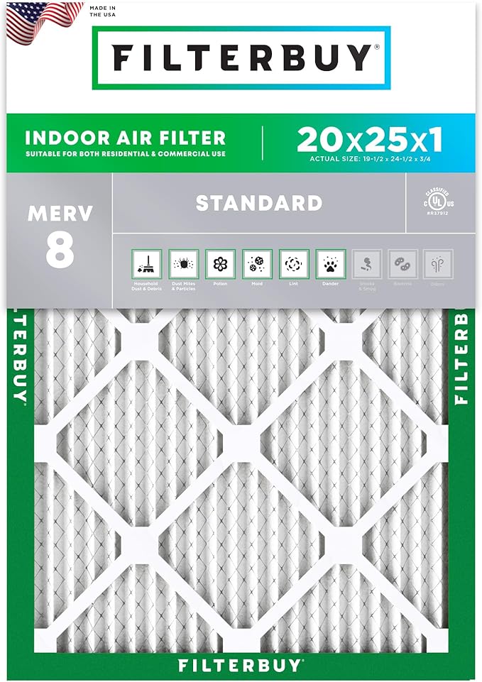 Filterbuy 20x25x1 Air Filter MERV 8 Essential Dust & Allergy Defense (1-Pack), Electrostatic Pleated HVAC AC Furnace Filters Replacement, Made in USA (Actual Size: 19.50 x 24.50 x 0.75)