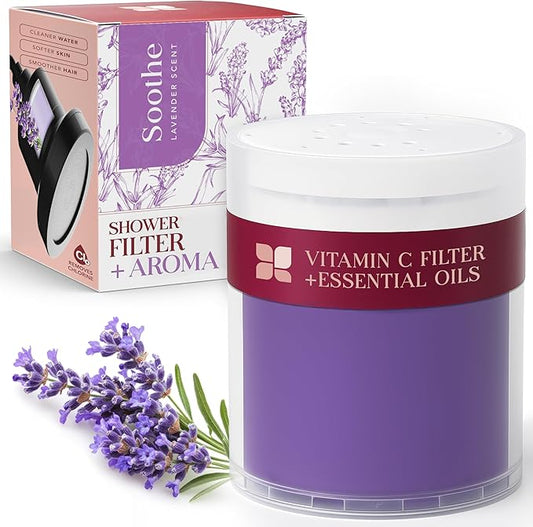Vitamin C Shower Filter Replacement Cartridge + Shower Steamers Aromatherapy - K Beauty Skin & Hair Enhancement, Universal Water Filter Replacement for AquaBliss - Lavender Spa Scent