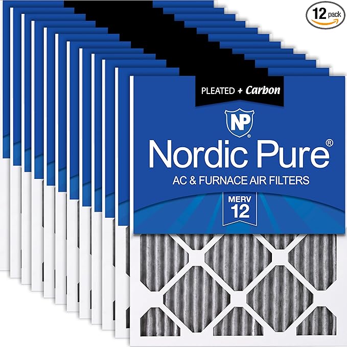 Nordic Pure 20x20x1 (Actual Size: 19 1/2 x 19 1/2 x 3/4) Furnace Air Filters MERV 12 Pleated Plus Carbon 12 Pack