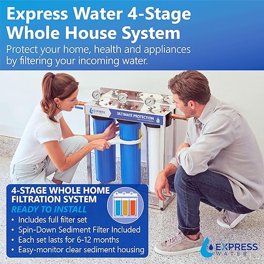 Express Water 3-Stage Whole House Water Filter System, Includes Pre-Filter, Free-Standing Stainless Steel Frame & 3 Pressure Gauges, Reduces Scale, Heavy Metals, PFAs, Lead, Arsenic & Chlorine