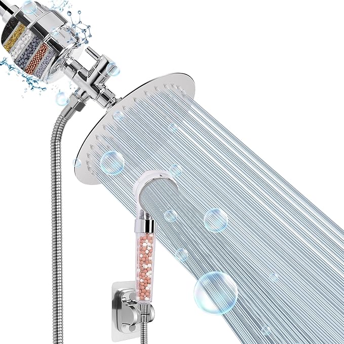 Filter Shower Head, High Pressure 8 Inch Rainfull with Filter Combo for Hard Water, Remove Chlorine Fluoride and Harmful Substances- 1 Replaceable Filter Cartridge (Round, Chrome)