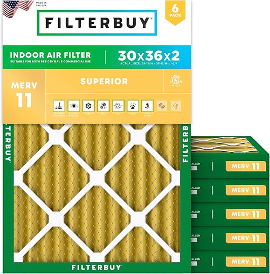 Filterbuy 30x36x2 Air Filter MERV 11 Superior Pet & Allergy Defense (6-Pack), Electrostatic Pleated HVAC AC Furnace Filters Replacement, Made in USA (Actual Size: 29.81 x 35.81 x 1.75)