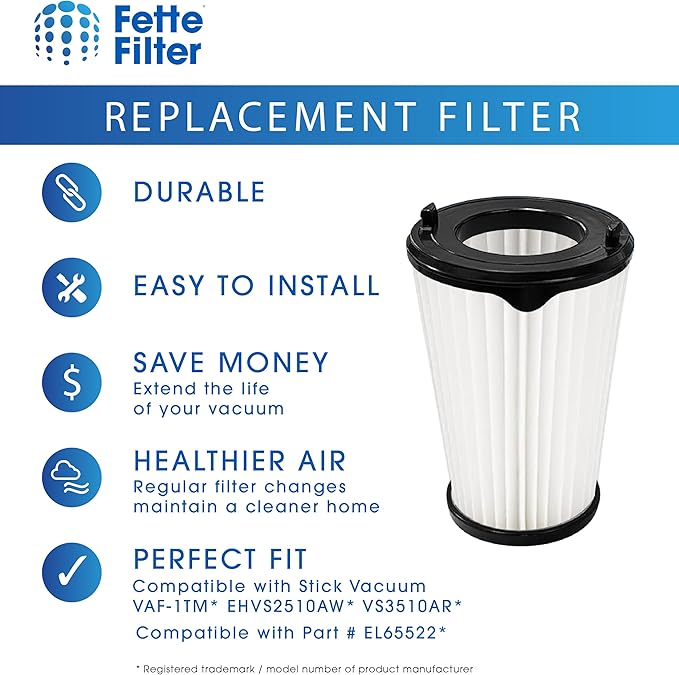 Fette Filter - 2 Pack Vacuum Filters Compatible with Stick Vacuum VAF-1TM EHVS2510AW VS3510AR, Compare to Part# EL65522