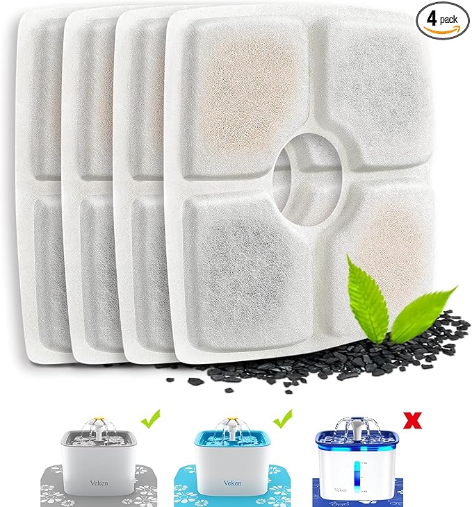 Veken 4 Pack Replacement Filters for 84oz/2.5L Automatic Pet Fountain Cat Water Fountain Dog Water Dispenser