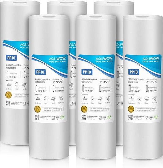PP10 5 Micron 2.5" x 10" Filter Set – Sediment Replacement Cartridges for Whole House Water Filtration Systems, Universal Standard PP Filters (6, 10 x 2.5)