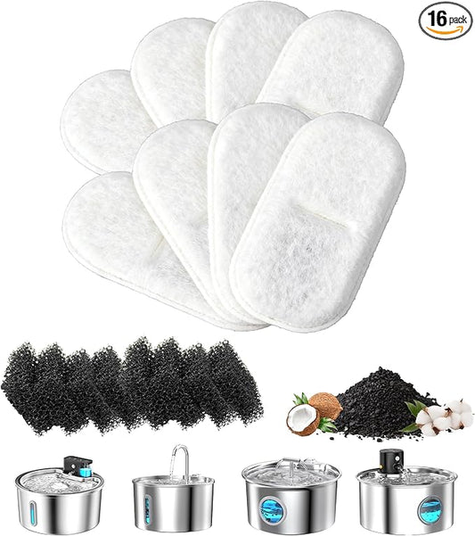 Cat Water Fountain Filter Replacement: 8 Carbon Filters & 8 Foam Sponges Kitty Spout Pump Filters for 108Oz/3.2L & 67Oz/2L Stainless Steel Pet Water Dispenser Cat Dog