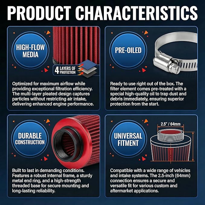 Universal Clamp-On Air Intake Filter, High Performance, Washable Filter, Replacement Air Filter, Flange Diameter 2.5inch/64mm (Red)