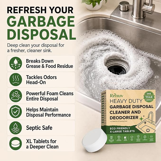 Renuv® Garbage Disposal Cleaner and Deodorizer Tablets Drain Freshener, Foaming Citrus Scent, Sink Odor Refresher for Kitchen Garbage Disposer Cleaning (12 XL Tablets - One Year Supply)