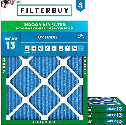 Filterbuy 18x25x1 Air Filter MERV 13 Optimal Smoke & Allergy Defense (4-Pack), Electrostatic Pleated HVAC AC Furnace Filters Replacement, Made in USA (Actual Size: 17.50 x 24.50 x 0.75)