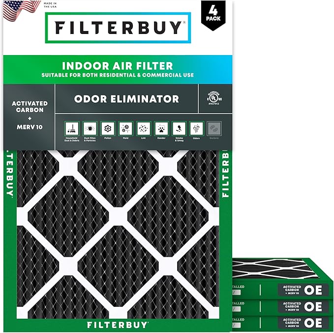 Filterbuy 14x20x1 Air Filter MERV 10 Odor & Allergy Defense with Activated Carbon (4-Pack), Electrostatic Pleated HVAC AC Furnace Filters Replacement, Made in USA (Actual Size: 13.50 x 19.50 x 0.75)