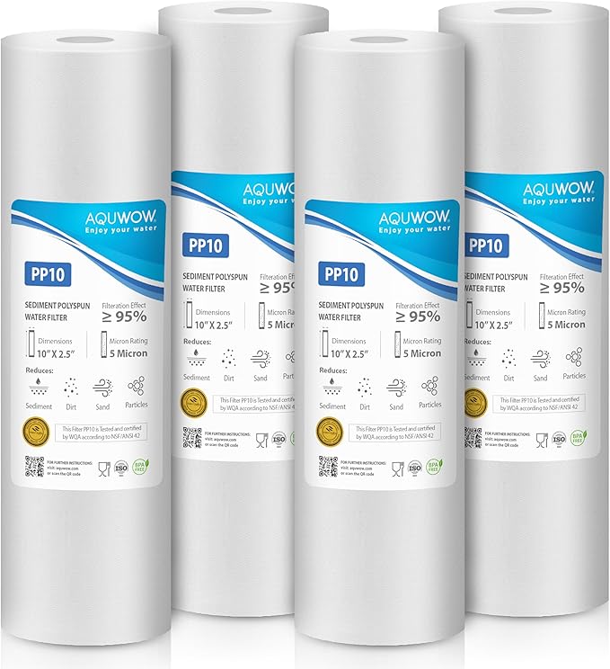 PP10 5 Micron 2.5" x 10" Filter Set – Sediment Replacement Cartridges for Whole House Water Filtration Systems, Universal Standard PP Filters (4, 10 x 2.5)