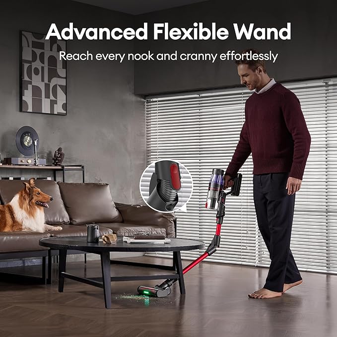 Ultenic Cordless Vacuum Cleaner, 600W 55Kpa 60Mins Runtime, Stick Vacuum Cordless with 180°Bendable Wand, Anti-Tangle Brush, Vacuum Cleaners for Home/Pet Hair/Carpet/Floor (Red)