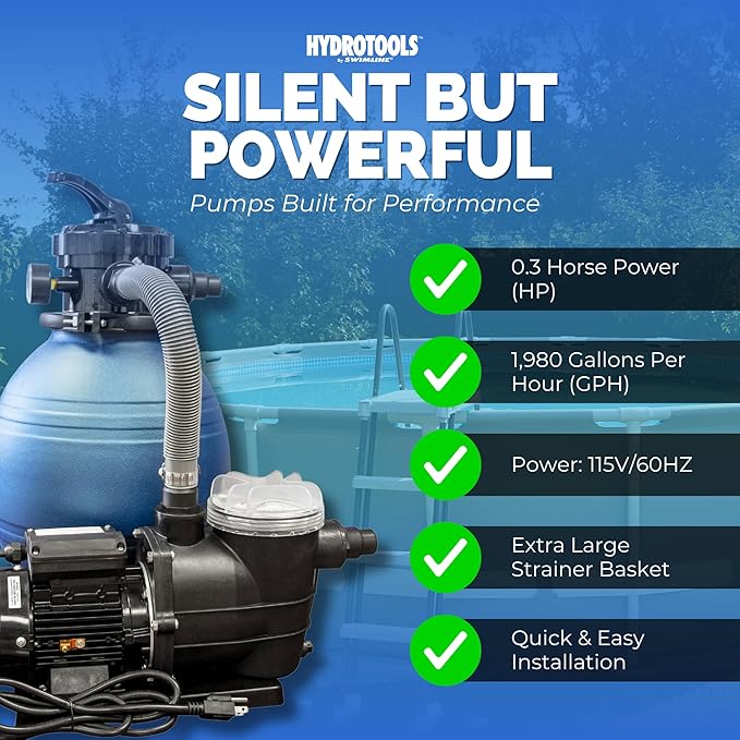 SWIMLINE Sand Filter Pump for Above Ground Pool - 12'', 0.3 THP, 2220 GPH Pump flow rate 4 way Multi port valve, Easy Installation