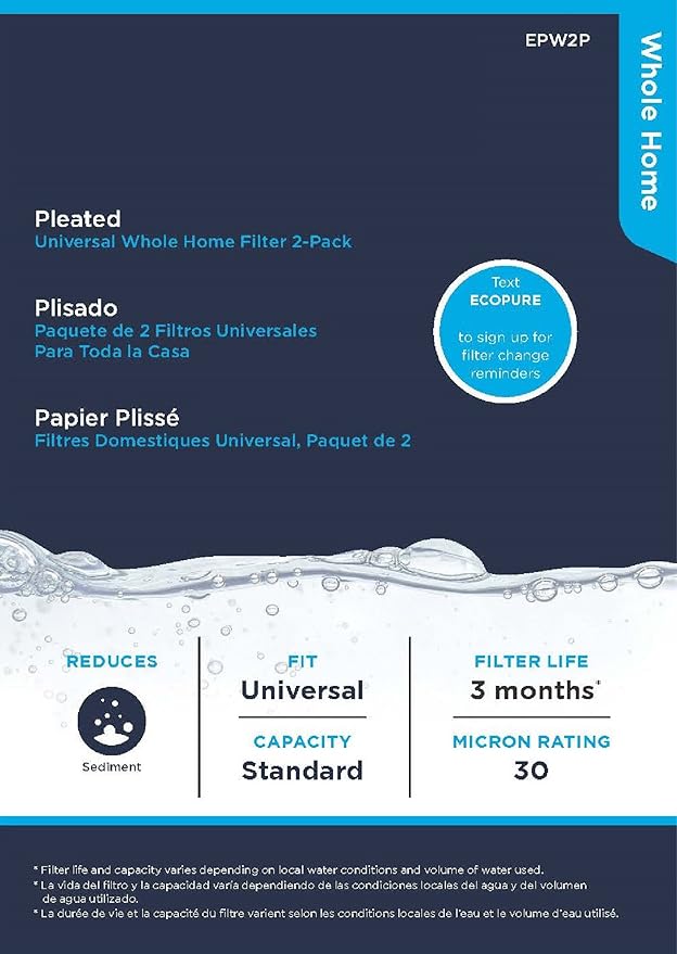EcoPure EPW2P Pleated Universal Whole Home Water Filter, Fits Standard Capacity Systems, NSF Certified, 30 Micron Reduces Sediment, Sand, Dirt & Rust – 3-Month Life per Filter,4 Count (Pack of 8)