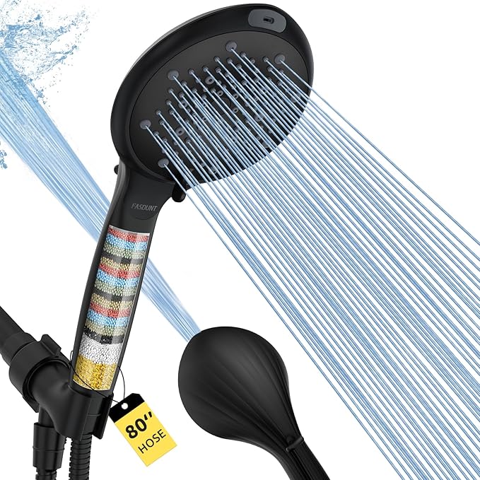 FASDUNT Filtered Shower Head with Handheld, High Pressure 8-Mode Handheld Showerhead with Filters for Hard Water -Remove Chlorine, Built-in Power Wash, 80" Long Hose & Adjustable Bracket, Black