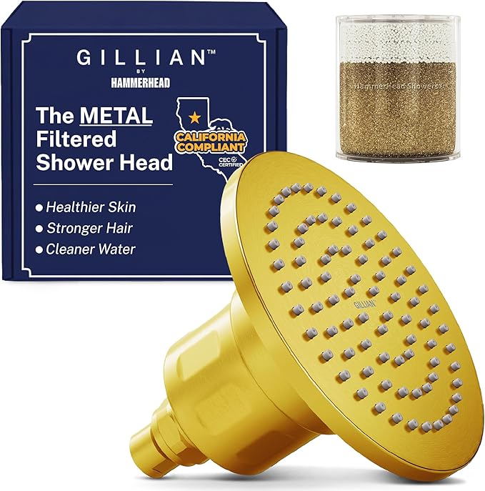 Gillian™ by HammerHead High Pressure Shower Head with Filter – Genuine KDF-55 Filtered Shower Head for Hard Water, Healthier Skin & Hair – Metal 6-Inch Rainfall Showerhead with Filters, Brushed Gold