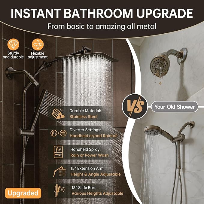 Veken All Metal 10" Oil Rubbed Bronze Shower Head with Handheld, Luxurious Square Double Rain Shower Heads with Power-wash Hand Held, Dual High Pressure Detachable Rainfall Showerhead,Bathroom Upgrade