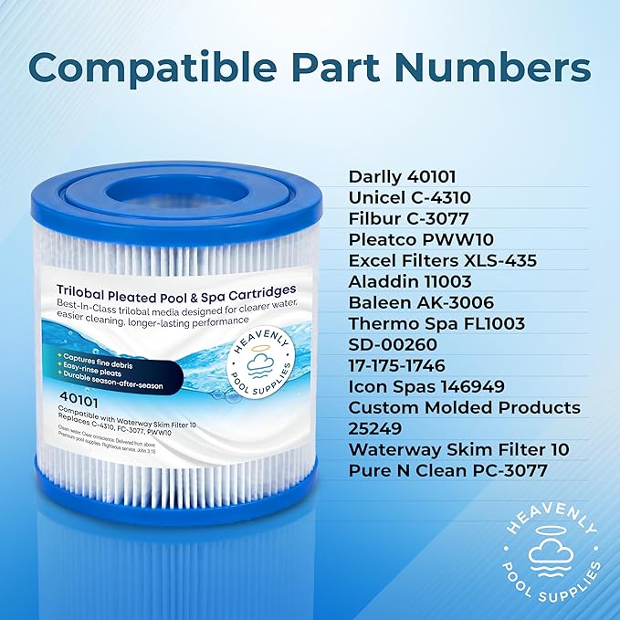 Pool, Spa, & Hot Tub Filter Cartridge, Trilobal Media — Replaces Unicel C-4310, Filbur FC-3077, Pleatco PWW10, Darlly 40101, XLS-435, Aladdin 11003 & More, Compatible with Waterway Skim Filter 10