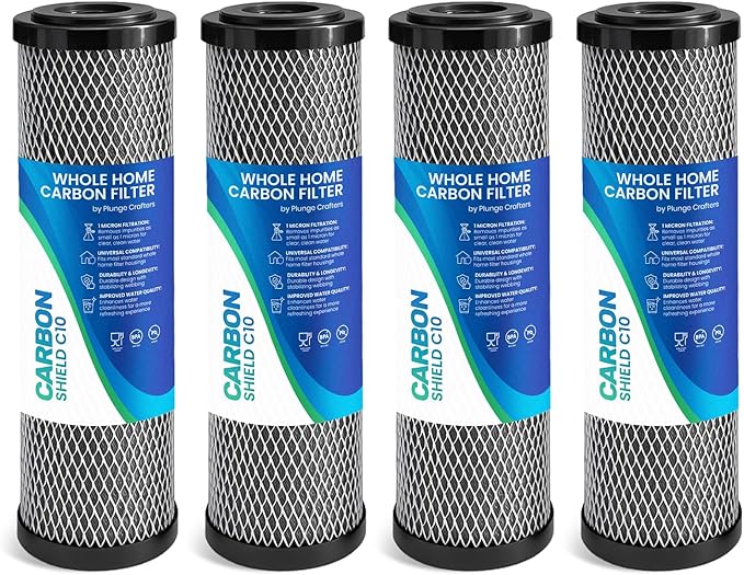 1 Micron 10" x 2.5" Activated Carbon Whole House Water Filter Replacement Charcoal Block Cartridge Set - Coconut Shell Carbon - Fits Whole Home/Under-Sink Systems, Reduces Chlorine & Odor - 4-Pack