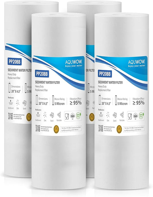 PP20BB 5 Micron 4.5" x 20" Filter Set – Sediment Replacement Cartridges for Whole House Water Filtration Systems, Universal Standard PP Filters (4, 20 x 4.5)