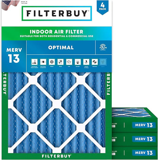 Filterbuy 20x22x2 Air Filter MERV 13 Optimal Smoke & Allergy Defense (4-Pack), Electrostatic Pleated HVAC AC Furnace Filters Replacement, Made in USA (Actual Size: 19.50 x 21.50 x 1.75)