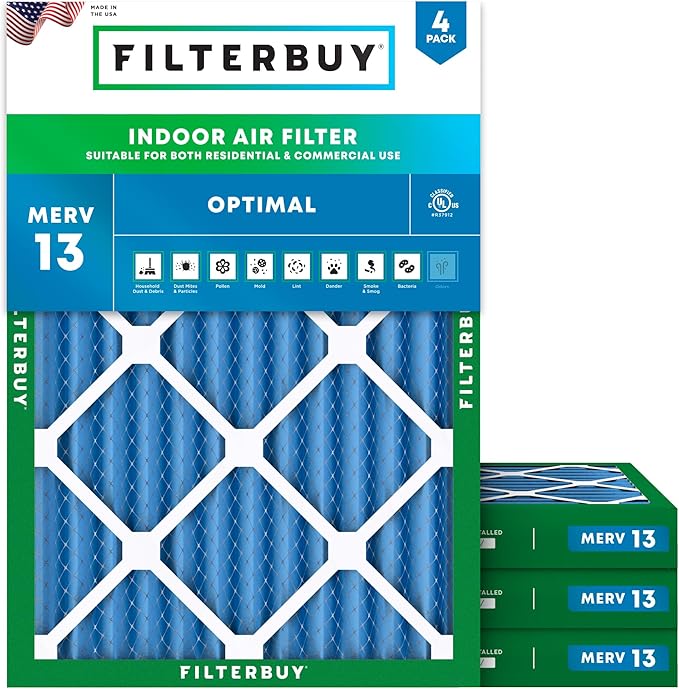 Filterbuy 24x28x2 Air Filter MERV 13 Optimal Smoke & Allergy Defense (4-Pack), Electrostatic Pleated HVAC AC Furnace Filters Replacement, Made in USA (Actual Size: 23.50 x 27.50 x 1.75)
