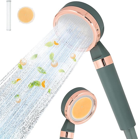 High Pressure Filtered Shower Head with Vitamin C & PP Cotton - Hard Water Softener & Chlorine Remover for Dry Skin, Hair Care - Handheld Dual Filtration Spa System, Green