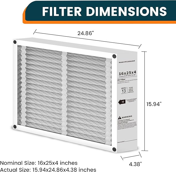 2-Pack 16x25x4 AC Air Filter Compatible with Honeywell FC100A1029 & Lennox, MERV 13, Electrostatic Furnace Filter Replacement, Foldable Design, Actual Size:15.94x24.86x4.38in