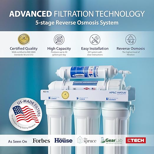 APEC Water RO-90, 5-Stage Under Sink Reverse Osmosis Water Filter System, NSF Certified 372 & 58, 90 GPD, Reduces 99% of Impurities