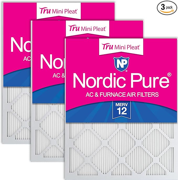 Nordic Pure 12x24x1 (Actual Size: 11 3/8 x 23 3/8 x 3/4) Tru Mini Pleat MERV 12 AC Furnace Air Filters – 2.5X More Media for Longer-Lasting, High-Efficiency Filtration - 3 Pack