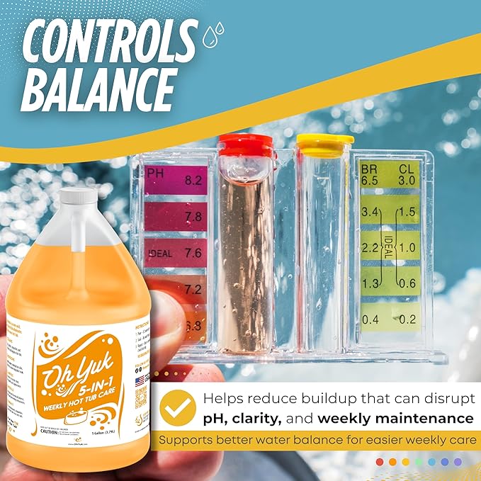 Oh Yuk 5-in-1 Hot Tub Chemicals Weekly Care– Hot tub Clarifier, Spa Cleaner, Water Conditioner – Helps Control Water Balance & Combat Buildup – Spa Care Chemicals for All Types of Hot tubs - 1 Gallon