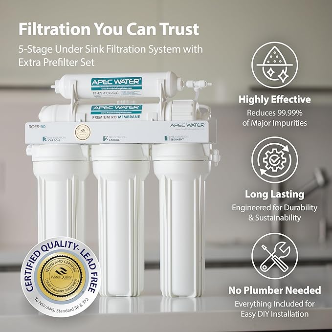 APEC Water ROES-50X 5-Stage Under Sink Reverse Osmosis Water Filter System, NSF Certified 372 & 58, 50 GPD, with Extra High Capacity Pre-Filter Set Stage 1-3