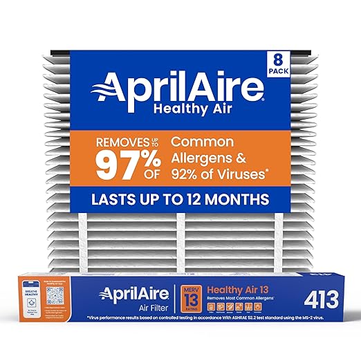 AprilAire 413 Replacement Filter for AprilAire Whole House Air Purifiers - MERV 13, Healthy Home Allergy, 16x25x4 Air Filter (Pack of 8)