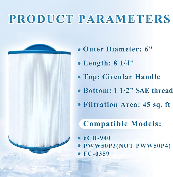 Spa Filter Compatible with 6CH-940, FC-0359, PWW50P3 (1 1/2" Coarse Thread), 817-0050, 25252, 03FIL1400, SAE Thread, 45 sq.ft., 2 Pack