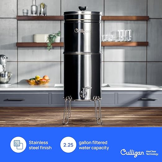 Culligan MaxClear 2.25 Gallon Gravity Water Filter System Removes Microplastics, PFAS & Lead, NSF/ANSI Certified, Polished Stainless-Steel Countertop Filter with 4 Ceramic Filters