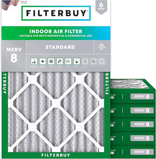 Filterbuy 18x25x2 Air Filter MERV 8 Essential Dust & Allergy Defense (6-Pack), Electrostatic Pleated HVAC AC Furnace Filters Replacement, Made in USA (Actual Size: 17.50 x 24.50 x 1.75)