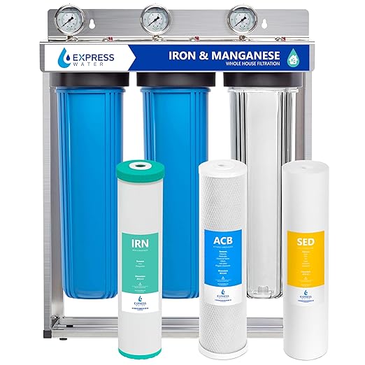 Express Water Whole House Water Filter System, Iron & Manganese 3 Stage Whole Home Filtration, Water Filter Removes Stains on Glassware, Fixtures, Laundry, Reduces Iron & Manganese for Well Water