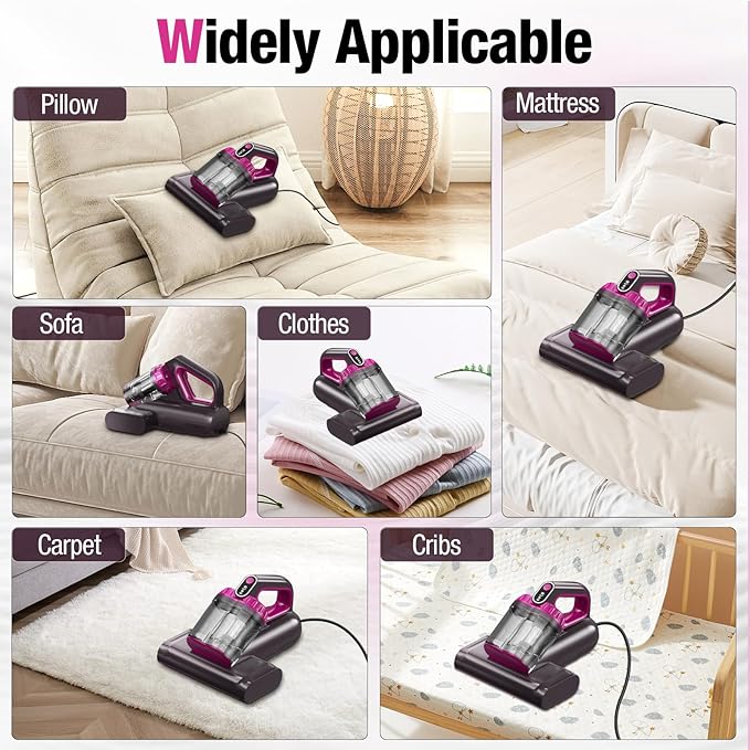 BYHUME Mattress Vacuum Cleaner, 17Kpa Bed Vacuum Cleaner, 273nm UV-C Light & Ultrasonic 145°F Heating, 80000 RPM/Min Brushroll Rotation, Wide Suction Port for Pillows Cribs Sofa, Black Corded