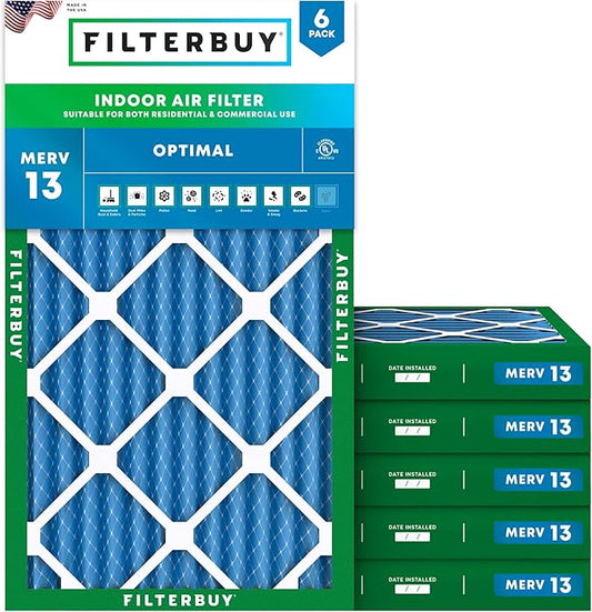 Filterbuy 16x24x2 Air Filter MERV 13 Optimal Smoke & Allergy Defense (6-Pack), Electrostatic Pleated HVAC AC Furnace Filters Replacement, Made in USA (Actual Size: 15.38 x 23.38 x 1.75)
