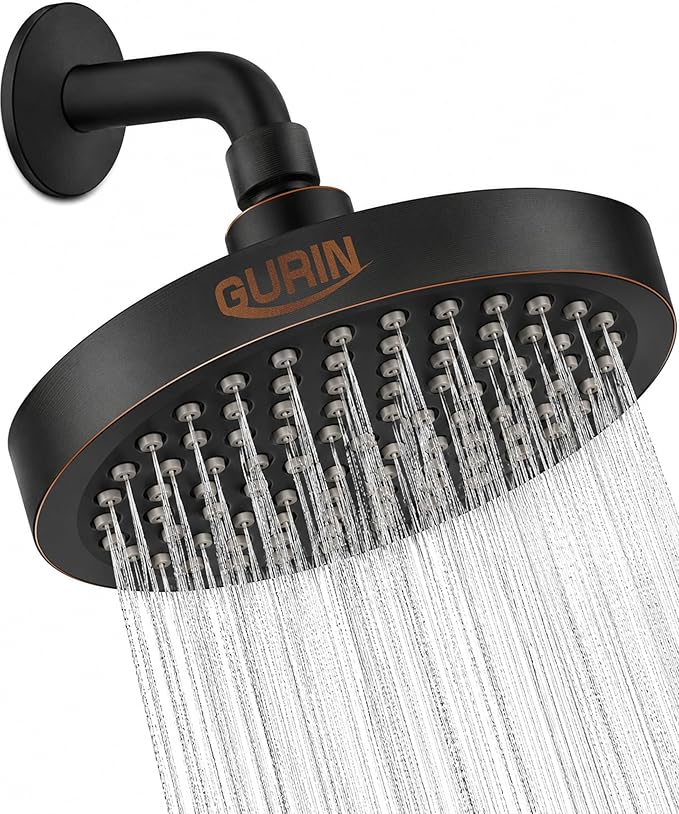 GURIN Shower Head - Powerful High Pressure Rain Shower Head 6 Inch - Luxury Rainfall Showerhead with Adjustable Angles, 90 Anti-Clog Nozzles, Tool-Free 1-Min Install, Premium Oil Rubbed Bronze Finish