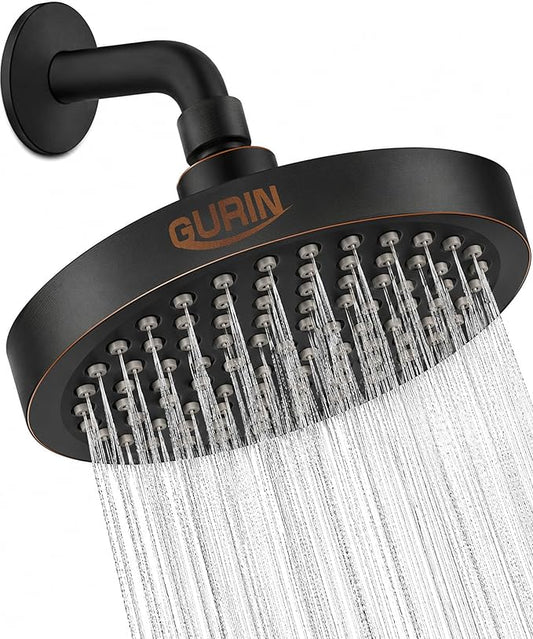GURIN Shower Head - Powerful High Pressure Rain Shower Head 6 Inch - Luxury Rainfall Showerhead with Adjustable Angles, 90 Anti-Clog Nozzles, Tool-Free 1-Min Install, Premium Oil Rubbed Bronze Finish