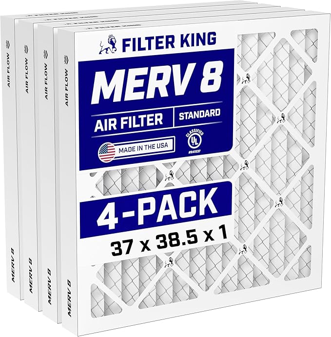 Filter King 37x38.5x1 Air Filter (MERV 8) (4-Pack) Dust & Allergy Control AC Furnace Filters, MADE IN USA, HVAC, Pleated, Electrostatic (Actual Size: 37 x 38.5 x .75)