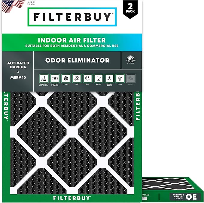 Filterbuy 15x20x1 Air Filter MERV 10 Odor & Allergy Defense with Activated Carbon (2-Pack), Electrostatic Pleated HVAC AC Furnace Filters Replacement, Made in USA (Actual Size: 14.50 x 19.50 x 0.75)