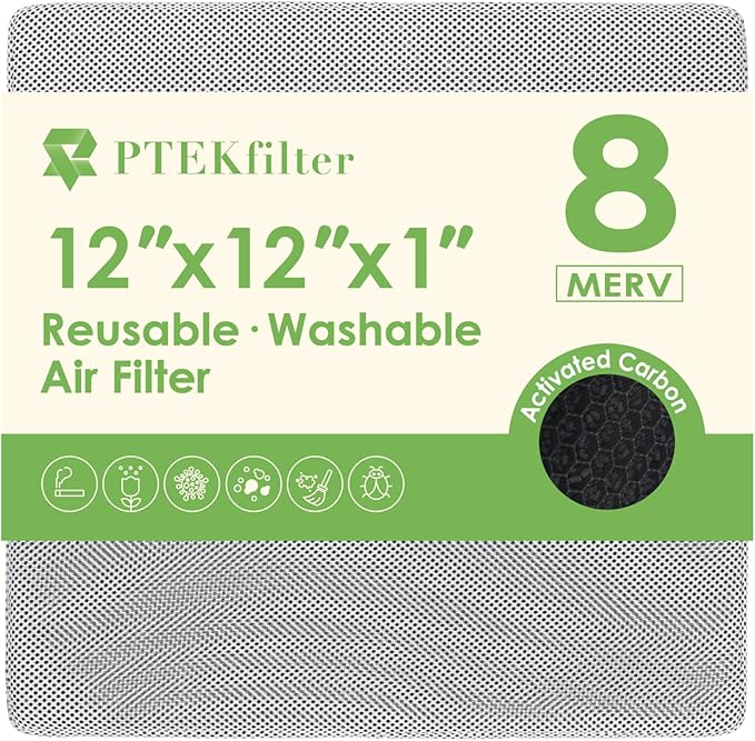 12x12x1 Washable & Reusable Air Filter with Activated Carbon Layer, MERV 8 Air Filters for AC HVAC Furnace, Machine Washable & Dryer Friendly