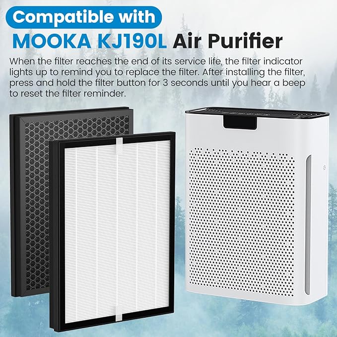 3 Pack KJ190L Filter Replacement Compatible with MOOKA KJ190L Air Purifier For Home Large Room 2000 Ft², 3 KJ190 Filters and 6 Washable PreFilters Pet Air Purifier Filters for Bedroom
