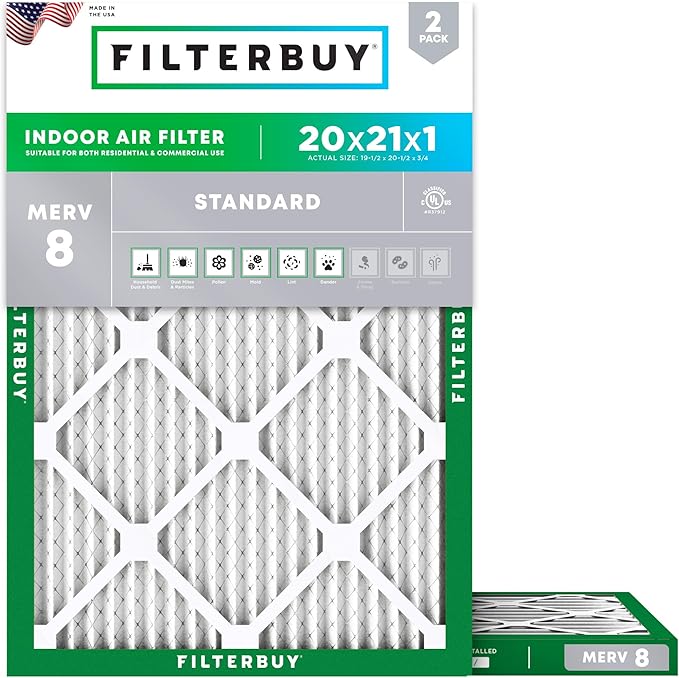 Filterbuy 20x21x1 Air Filter MERV 8 Essential Dust & Allergy Defense (2-Pack), Electrostatic Pleated HVAC AC Furnace Filters Replacement, Made in USA (Actual Size: 19.50 x 20.50 x 0.75)