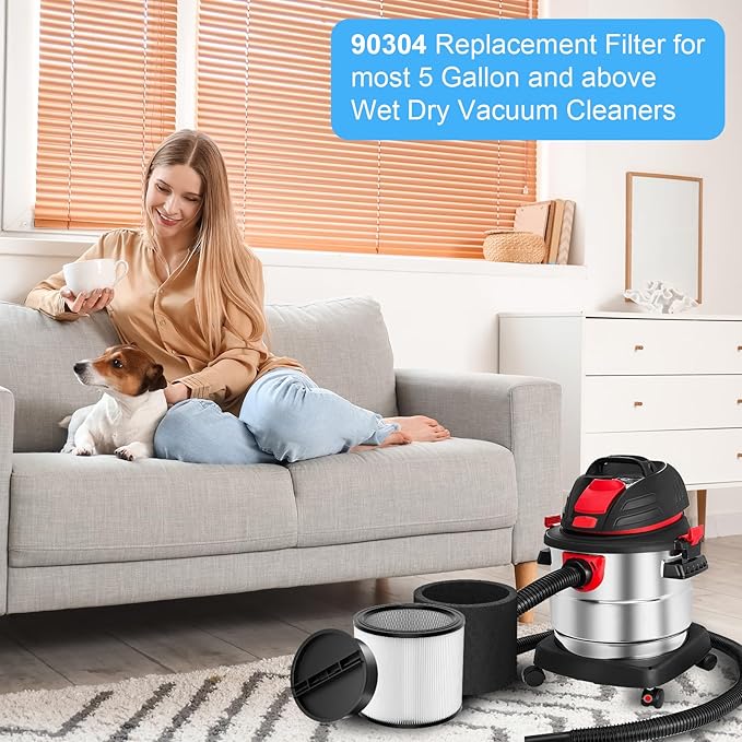 Replacement Filter Compatible with Shop-Vac 90350 90304 90333 Replacement fits most Wet/Dry Vacuum 5 Gallon and above, 2 pcs 90304 filters with caps and 4pcs 90585 foam filters
