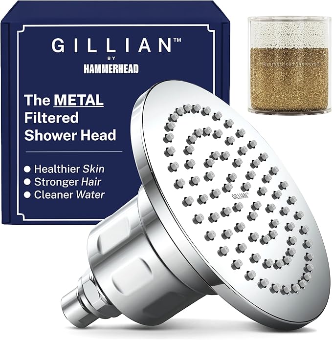 Gillian™ by HammerHead High Pressure Shower Head with Filter – Genuine KDF-55 Filtered Shower Head for Hard Water, Healthier Skin & Hair – Metal 6-Inch Rainfall Showerhead with Filters, Chrome